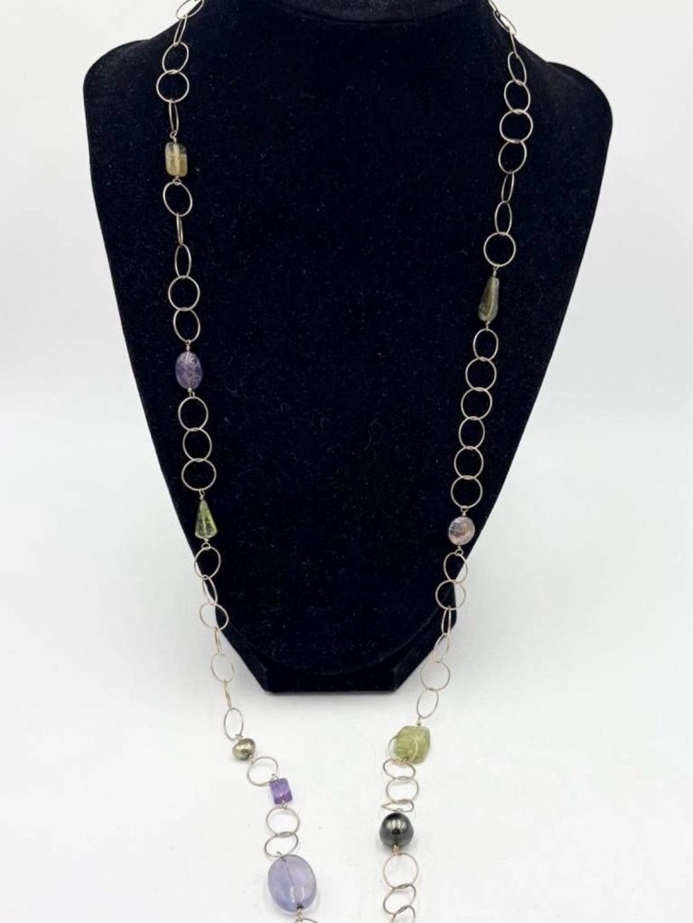 925 Silver Link Necklace with Semi-Precious Stones 16”